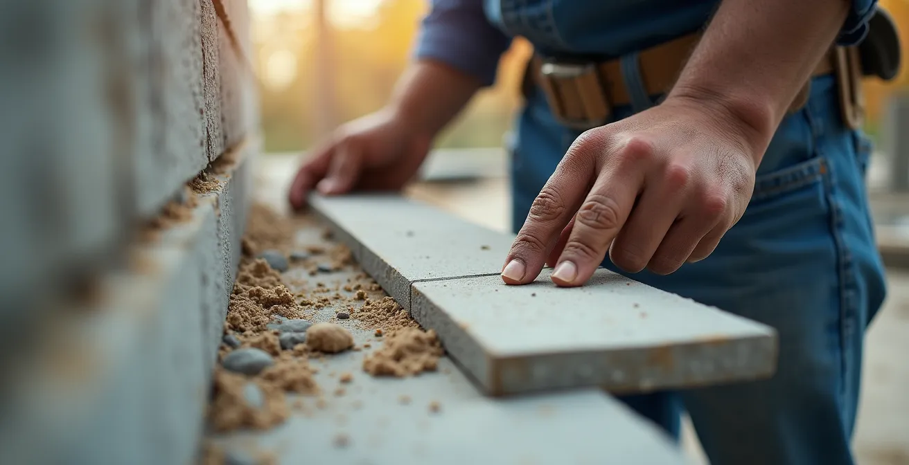 Close-up macro shot showing construction materials and contractor's hands inspecting site quality