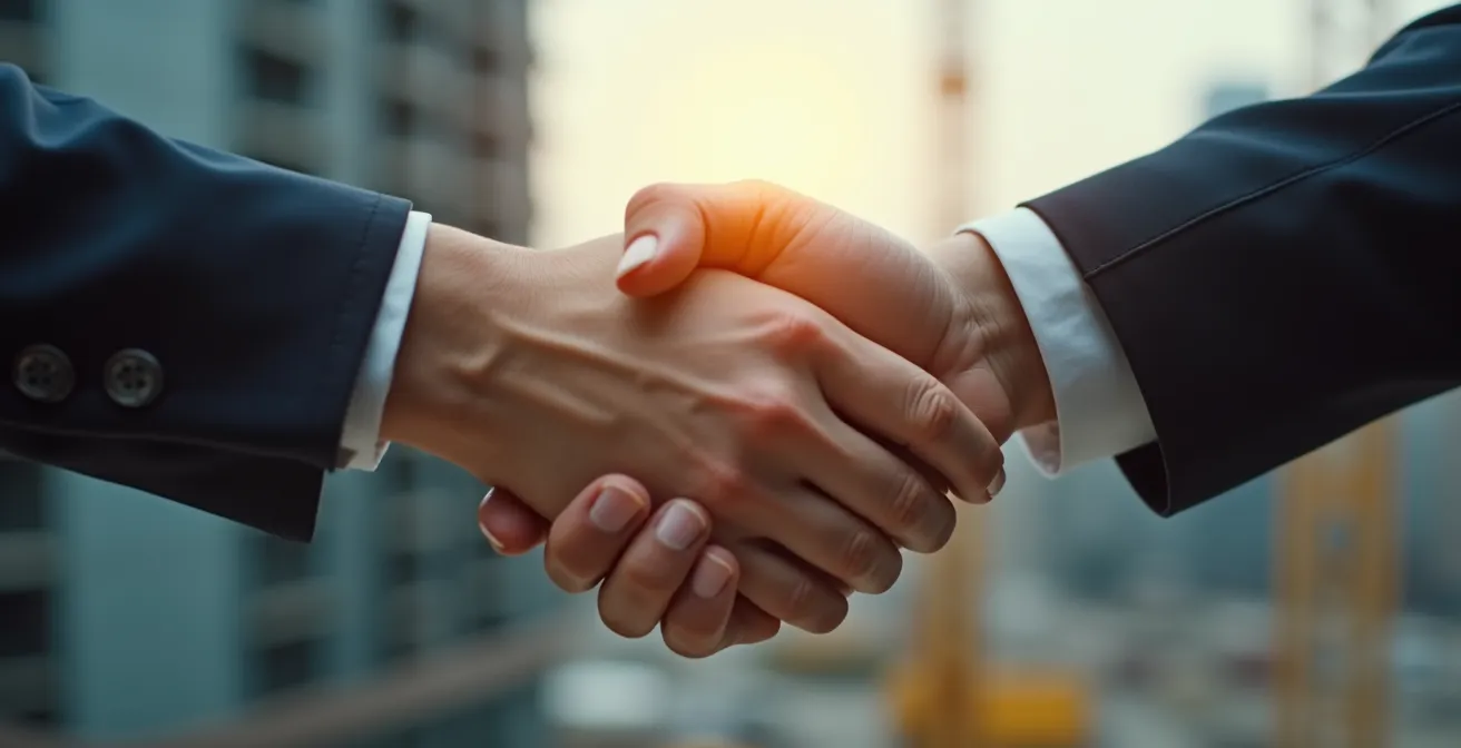 Symbolic image of a handshake representing partnership and trust in home construction