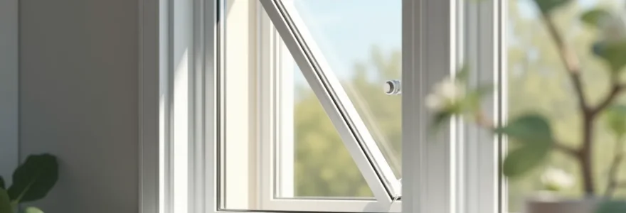 A sleek European tilt and turn window in a modern home, showing clean lines and natural outdoor light with minimalistic frame and controlled indoor lighting
