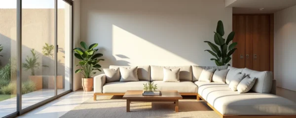 Modern, spacious family living room with natural light, clean background, and minimalist decor showcasing a home addition concept
