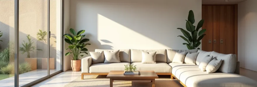 Modern, spacious family living room with natural light, clean background, and minimalist decor showcasing a home addition concept