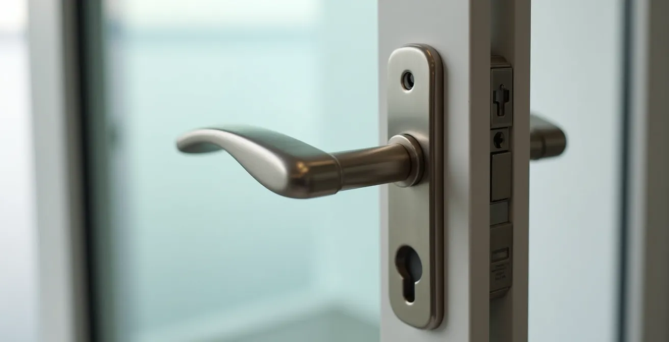 Detailed medium shot focusing on a multi-point locking mechanism and handle of a tilt and turn window
