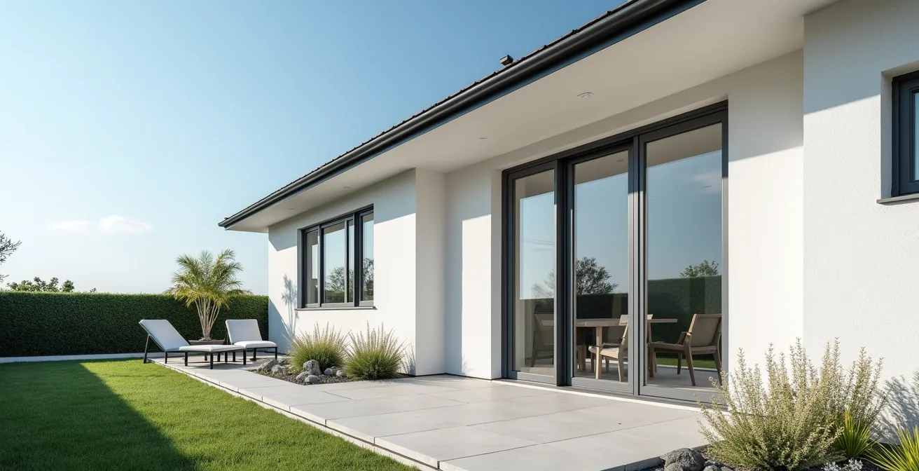 Wide exterior shot of a modern home featuring European tilt and turn windows with sleek frames and harmonious color palette