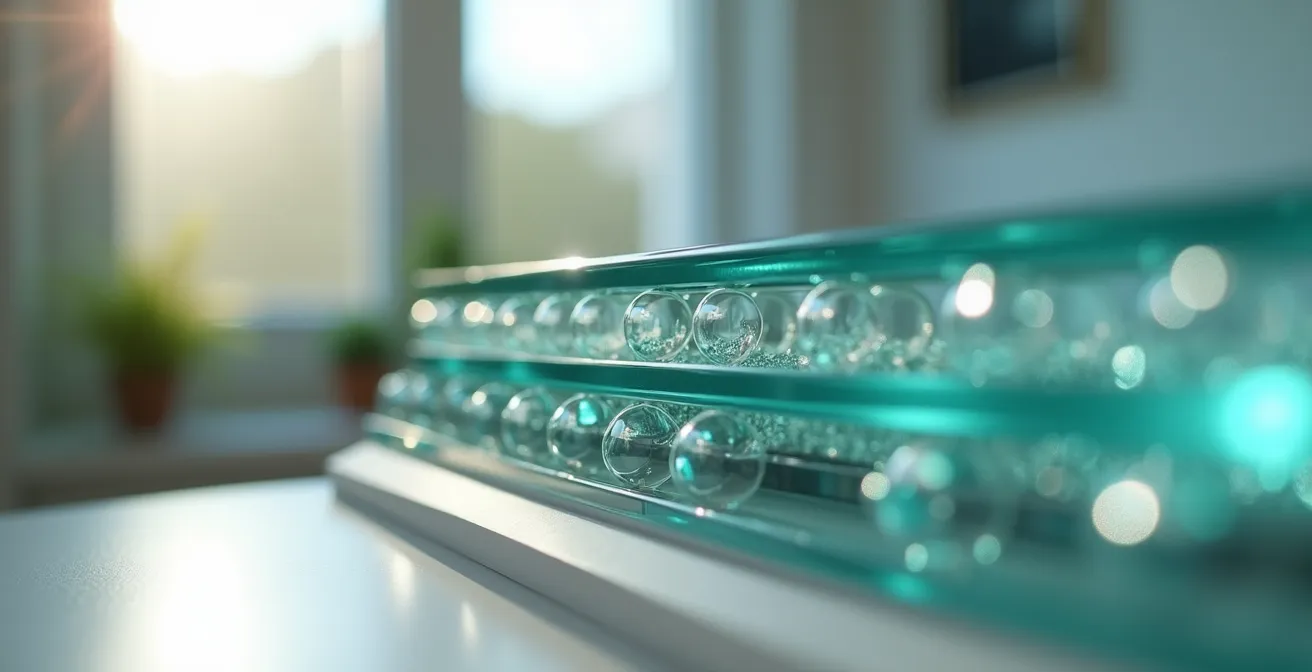 Macro close-up of triple glazing layered glass with warm-edge spacer and uPVC texture
