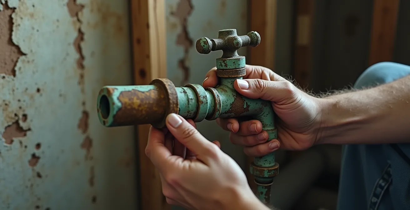 Human hands examining severely corroded copper pipe joint with water damage visible on surrounding wooden structure