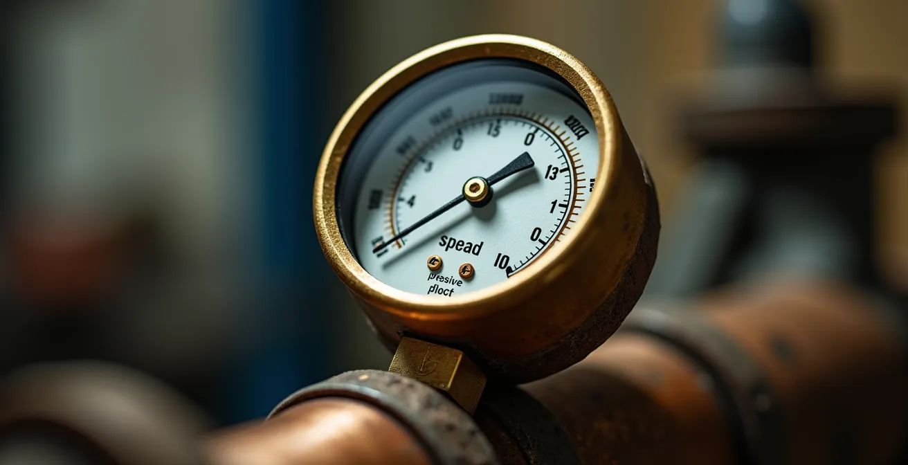 Extreme close-up of pressure gauge needle showing optimal pressure reading on copper pipe testing equipment