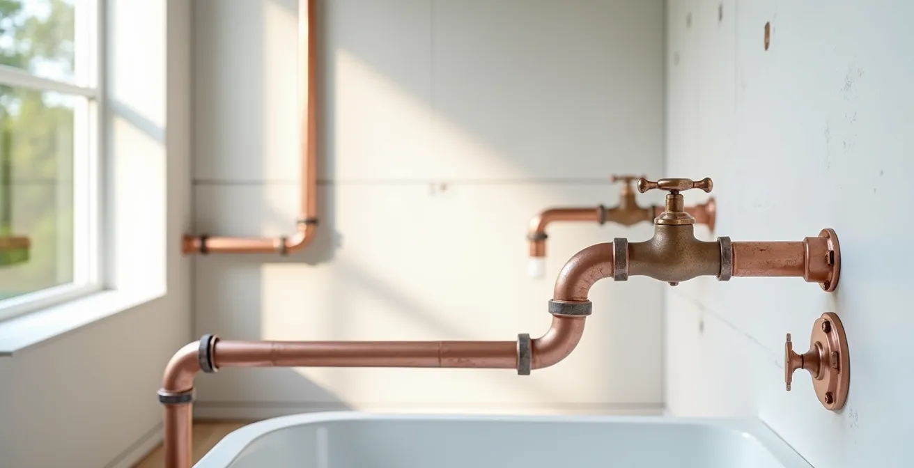 Wide angle view of modern bathroom under construction with exposed copper piping system and professional tools arranged systematically