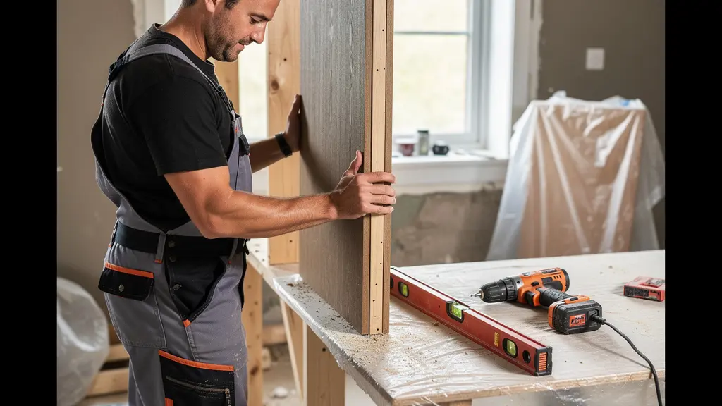 British contractor fitting WPC wall panel onto batten framework during residential renovation
