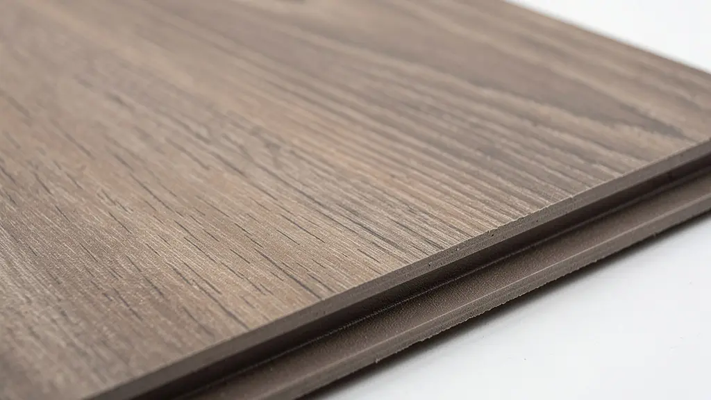 Close-up detail of wood-plastic composite wall panel surface showing realistic wood grain texture