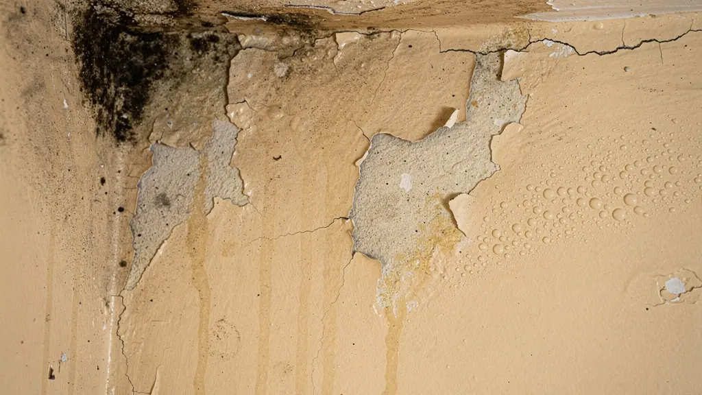 Close-up of damp-affected interior wall showing peeling paint and mould damage