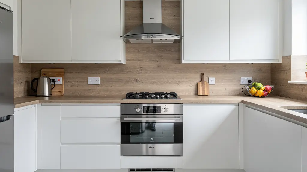 Modern UK kitchen with WPC wall cladding installed as practical splashback