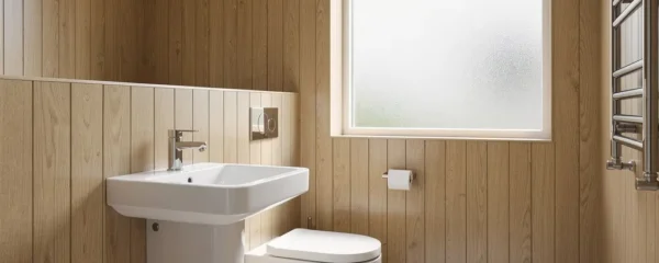 Modern UK bathroom interior featuring WPC wall cladding panels with natural light