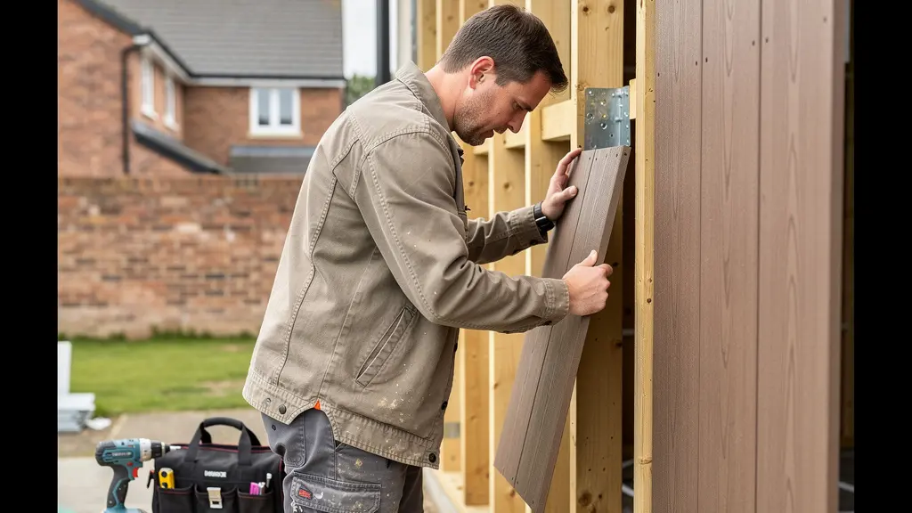 Tradesperson installing WPC wall cladding panel during UK home renovation