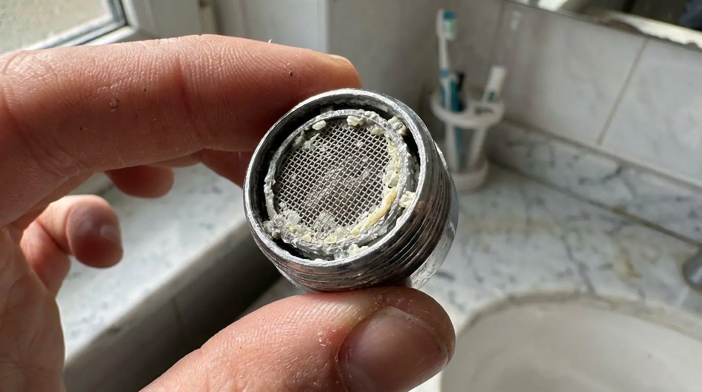 Close-up view of chrome faucet aerator mesh screen showing visible limescale and mineral deposit accumulation