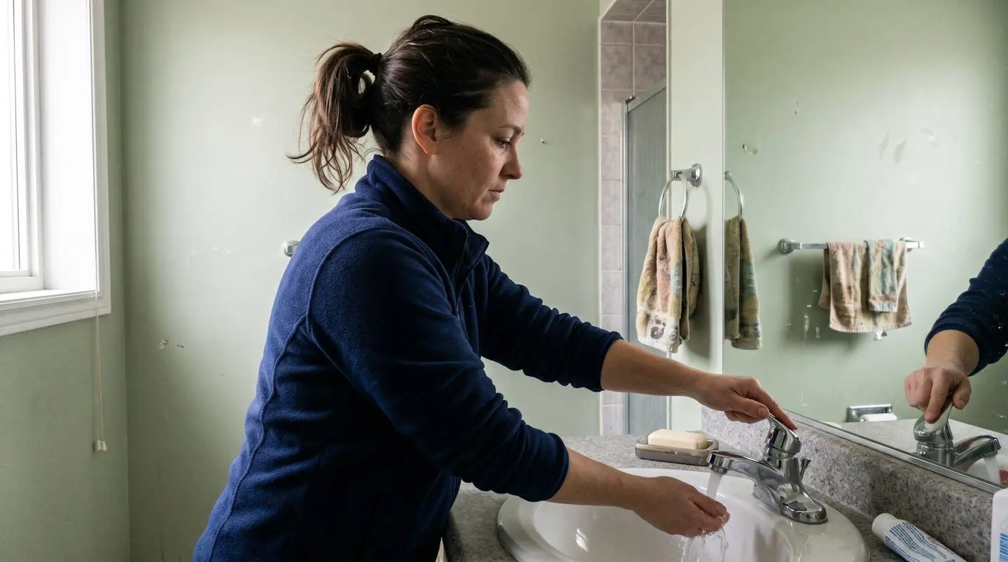 Homeowner in side profile methodically testing bathroom faucet during systematic diagnostic troubleshooting