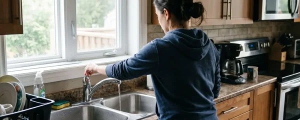 Homeowner seen from behind testing kitchen faucet with noticeably weak water stream in contemporary Canadian residential kitchen