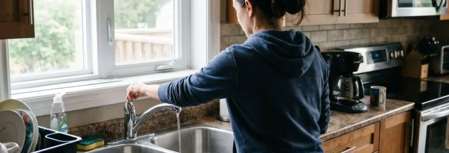 Homeowner seen from behind testing kitchen faucet with noticeably weak water stream in contemporary Canadian residential kitchen